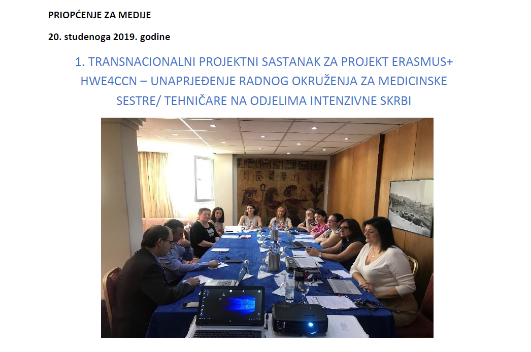 1. TRANSNACIONALNI PROJEKTNI SASTANAK ZA PROJEKT ERASMUS+ HWE4CCN – UNAPRJEĐENJE RADNOG OKRUŽENJA ZA MEDICINSKE SESTRE/ TEHNIČARE NA ODJELIMA INTENZIVNE SKRBI